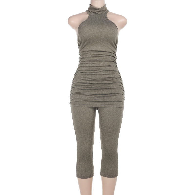 Women Sexy Turtleneck Sleeveless Vest Top High Waist Tight Cropped Pants Set