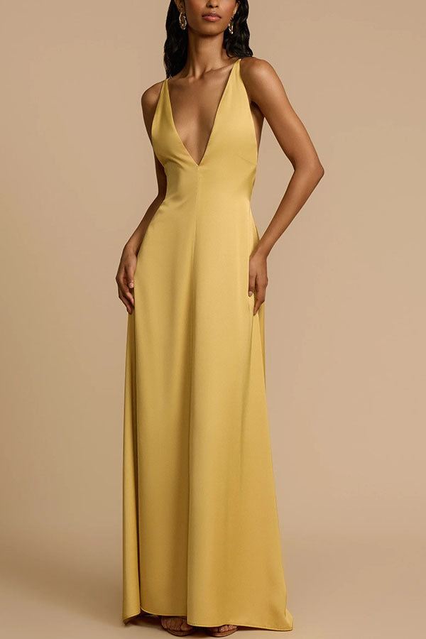 Summer Sexy Backless V neck Satin Maxi Dress Women