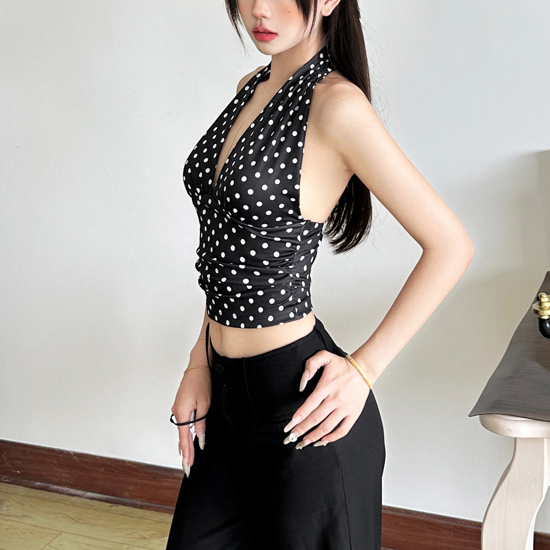 Summer Women Clothes Polka Dot Halterneck Vest Women Sports Slim All Matching Straight Pants