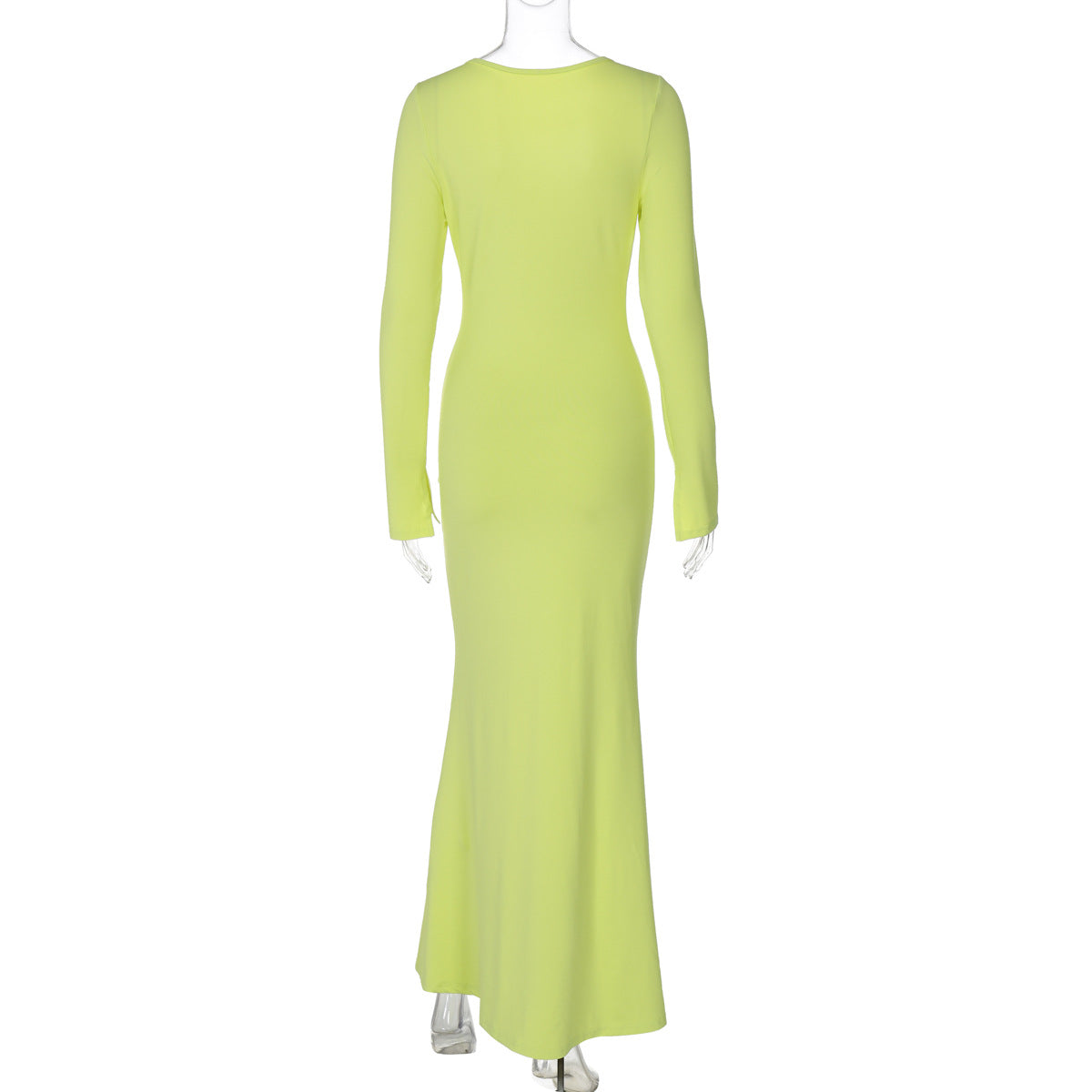 Women Clothing Summer Solid Color Deep U High Waist Fishtail Dress Long Sleeve Dress