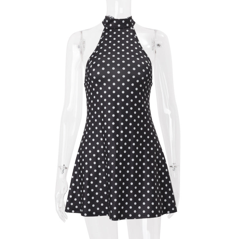 Women Clothing Summer Polka Dot Printed Sexy Backless Waist Trimming Dress