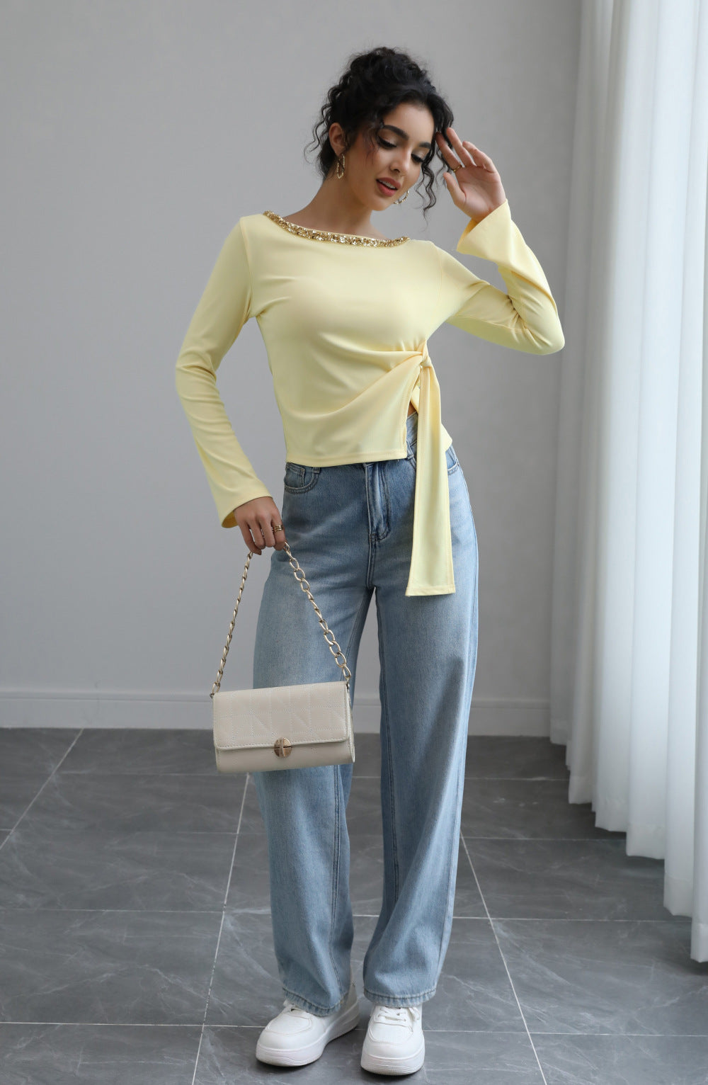 Women Clothing Autumn Sequ Slim Fit Slimming Lace up Irregular Asymmetric Top Casual T shirt