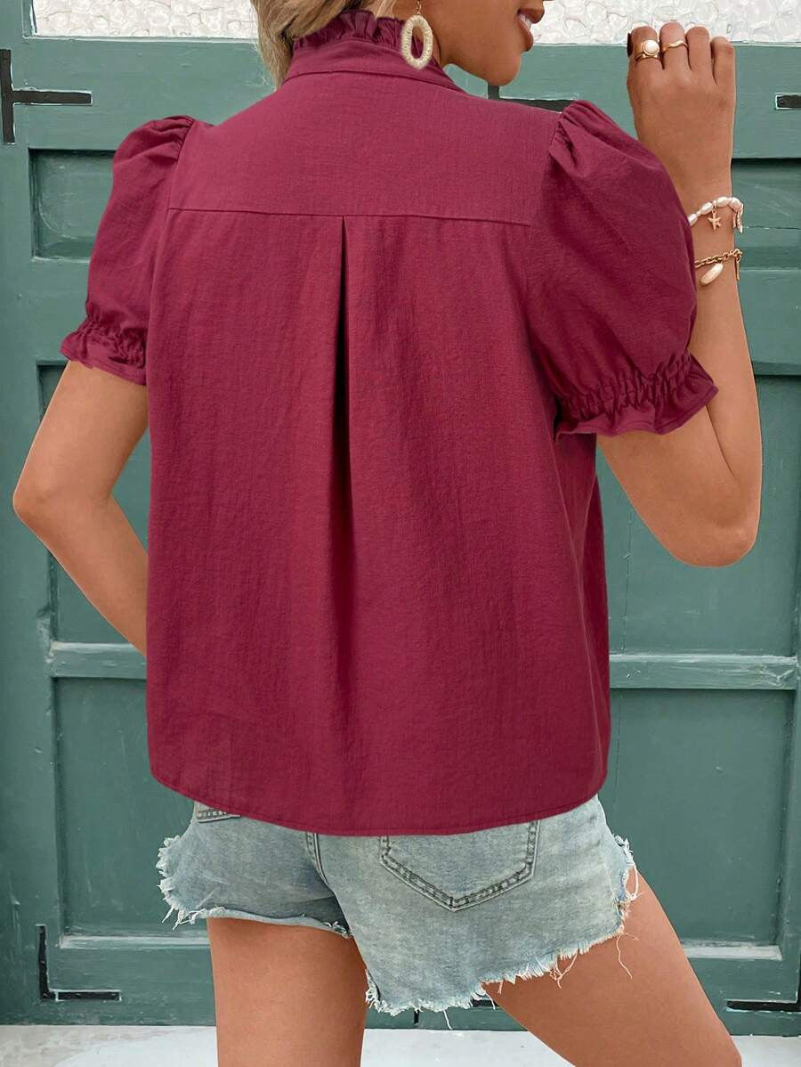 Spring Summer Cotton Embroidered Cardigan with Buckle Puff Short Sleeve T shirt Women