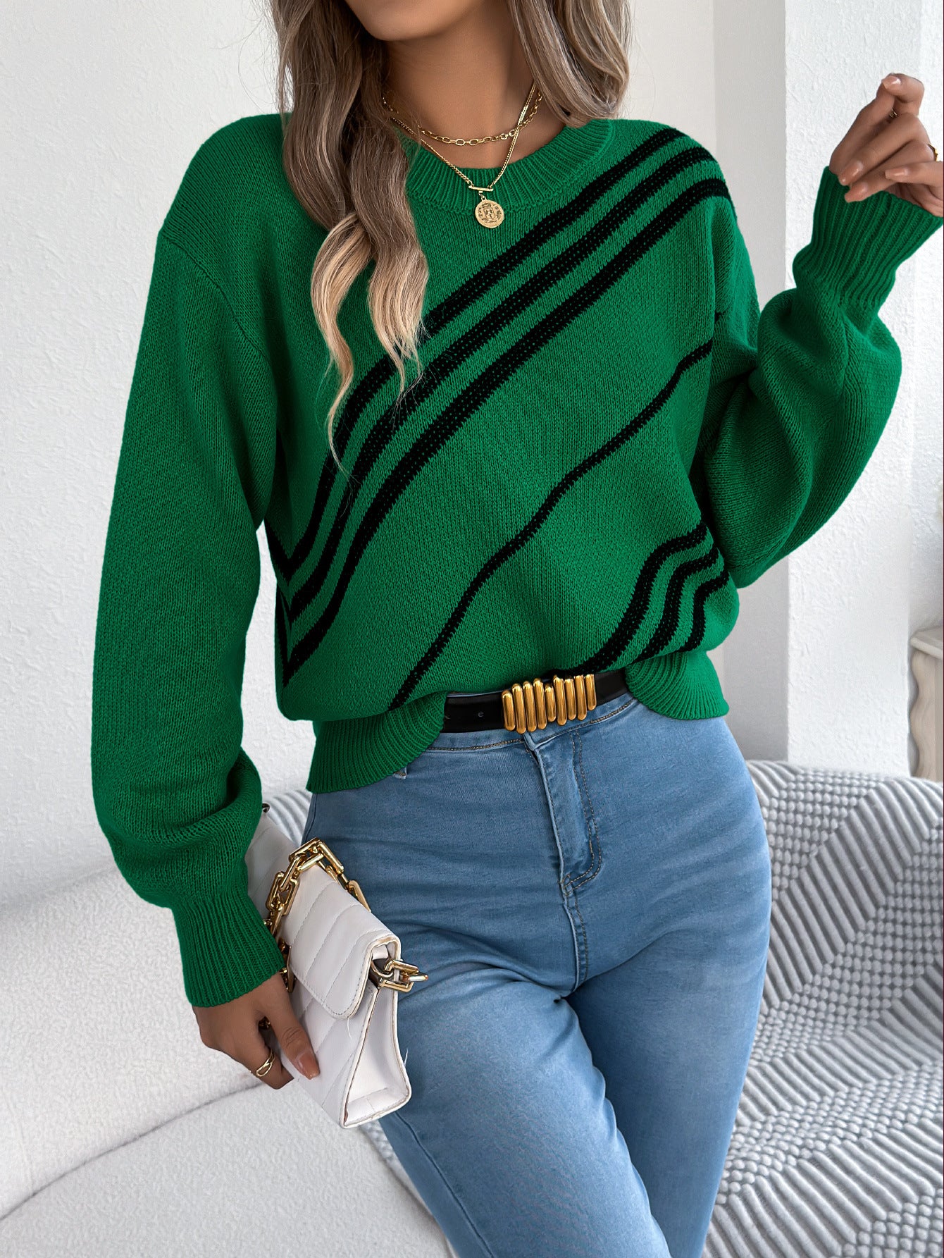 Women Clothing Autumn Winter Casual Striped round Neck Lantern Long Sleeve Pullover