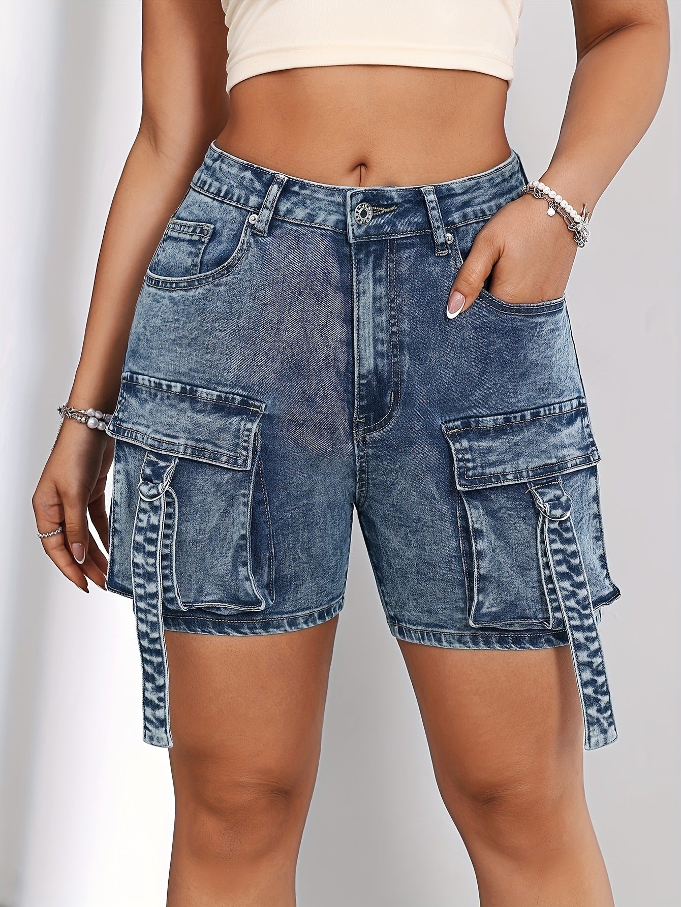 Retro Denim Medium High Elastic Hip Hop Tooling Large Pocket Street 4 Points Shorts