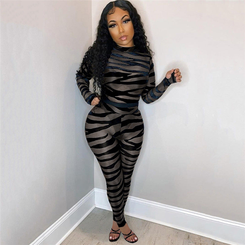 Women Clothing Striped Printed Sheer Mesh Sexy Jumpsuit