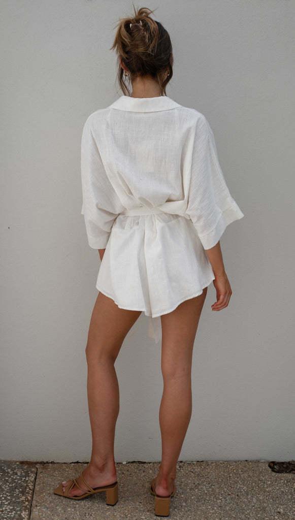 Women Clothing Polo Collar Mid Sleeve Waist Lace up Loose Romper