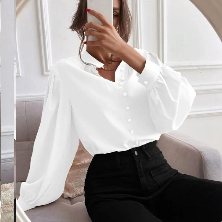 Women Shirt Autumn Elegant Solid Color Collared Long Sleeve Single Row Button Loose Women Top