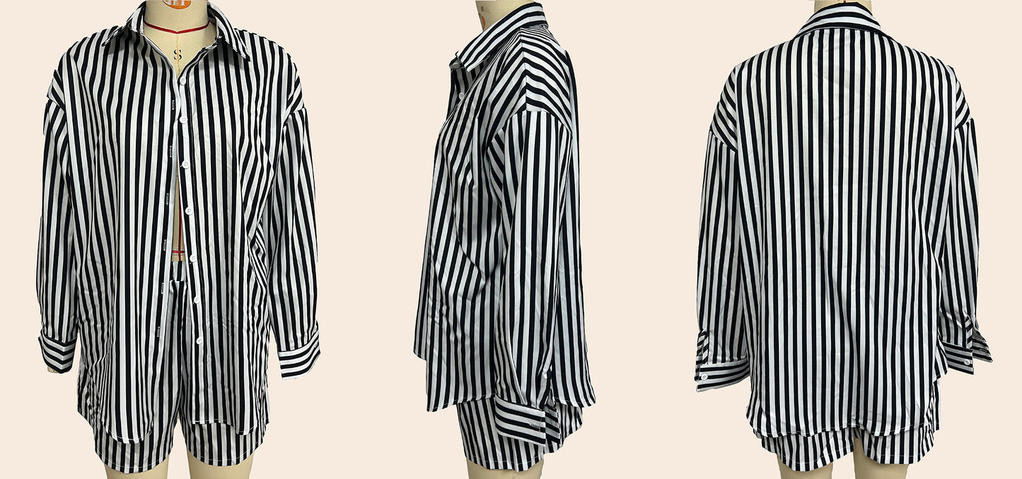 Spring Summer Women Clothing Casual Polo Collar Striped Color Matching Thin Set