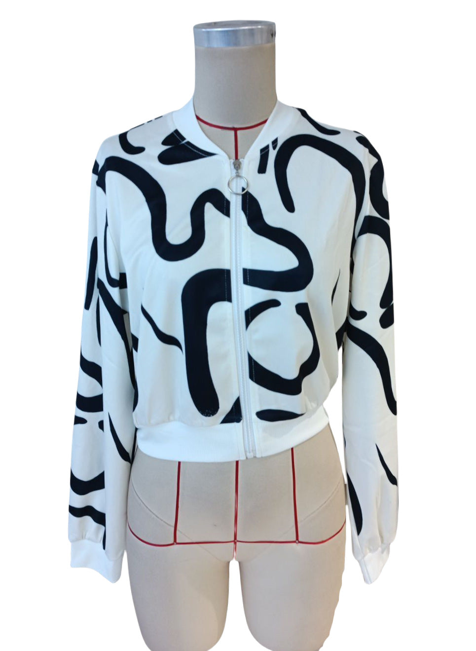 Autumn Winter Elegant Women Pattern Printed Zipper Varsity Jacket Casual Top Coat