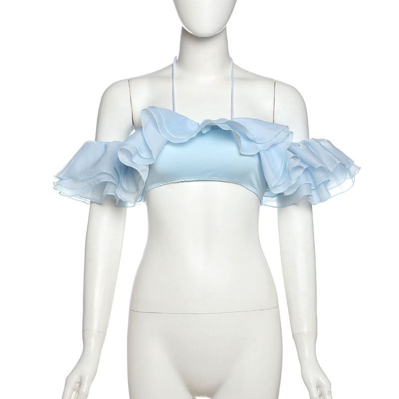 Summer Women Clothing Sexy Halter Cropped Wrapped Chest Split Lace Sleeve Solid Color Top