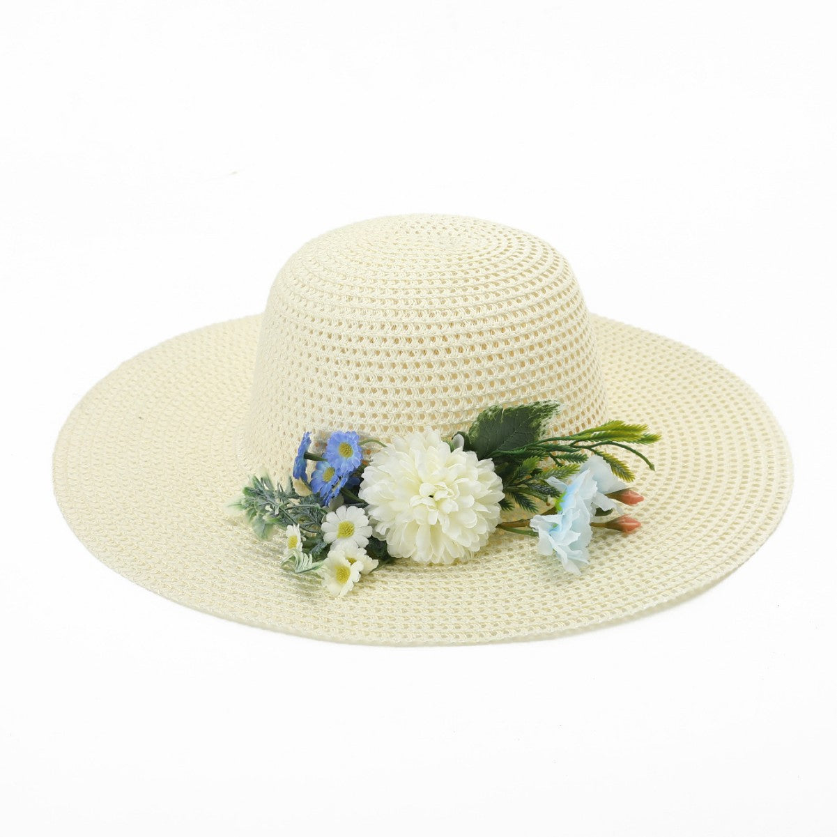 Bucket Hat Flat Brim Straw Hat Women Vacation Sun Hat French Floral Top Hat Sun Hat