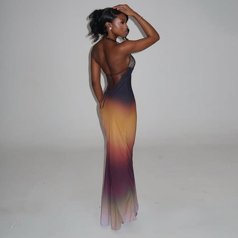 Women Clothing Sexy Halter Backless Casual Dress Lace Stitching with Color Changing Dress Women
