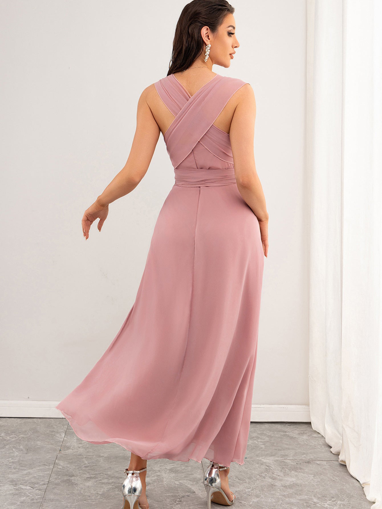 Women Clothing Sexy Backless Chiffon Pink Dress Maxi Dress Summer