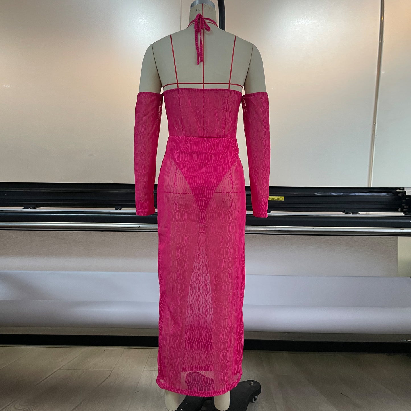 Spring Summer Mesh Halter Dress Women Blouse See through Sexy Cutout Stitching Hip Maxi Dress