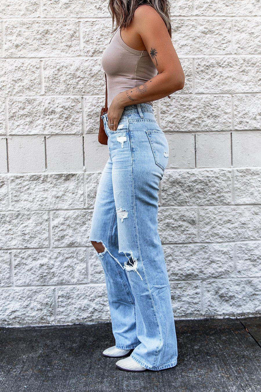 Ripped High Waist Retro Slim Fit Denim Small Bell-Bottom Trousers Bootleg Pants
