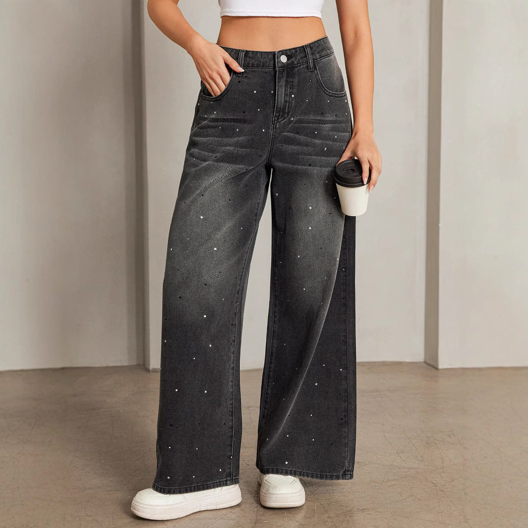 Starry Sky Loose Comfortable Women Casual All Matching Straight Pants Blingbling Popular Rhinestone Jeans