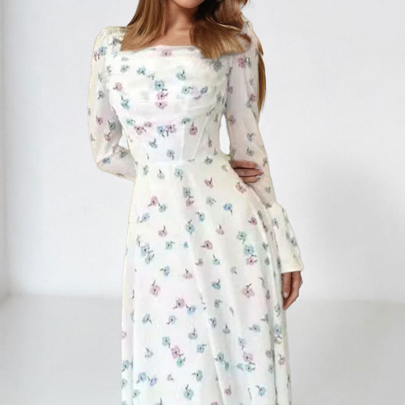 Summer Women Clothing Elegant Floral Pleated Fairy Fitted Waist Flare Sleeve Women Floating Dress