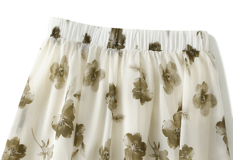 Spring Summer Women Ink Print Skirt A Line Skirt High Waist Slimming Midi Skirt