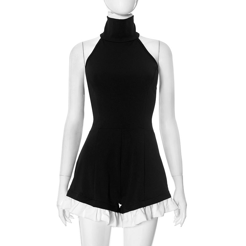 Spring Summer Women Clothing Color Contrast Patchwork Sleeveless Halter Sexy Slim Fit Romper