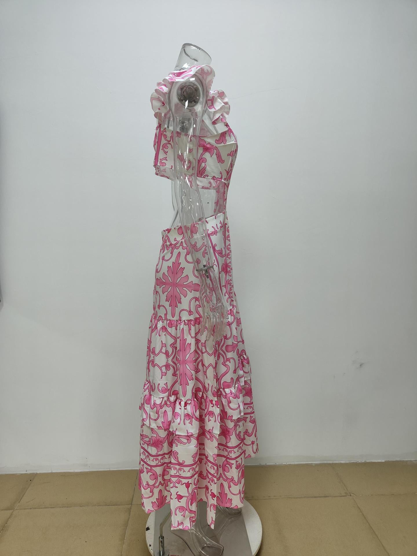 Women Clothing Elegant Padded Shoulder Flying Sleeves Printed Large Dress Maxi Dress
