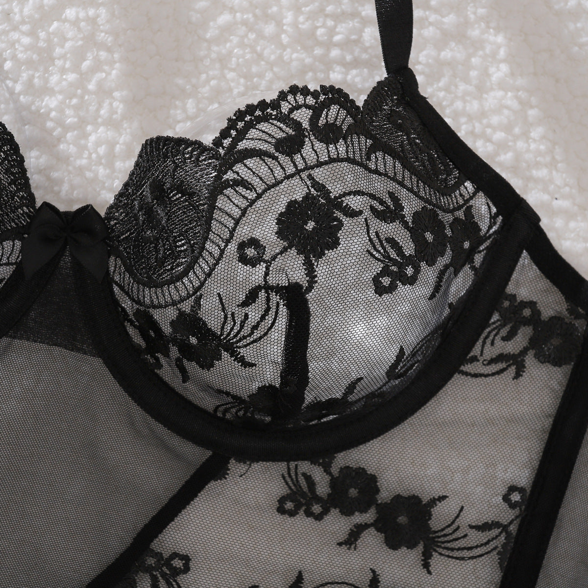 Breathable Floral Lace Bow Accessories Hollow Out Cutout Shaping Pure Sexy Underwear Split Set