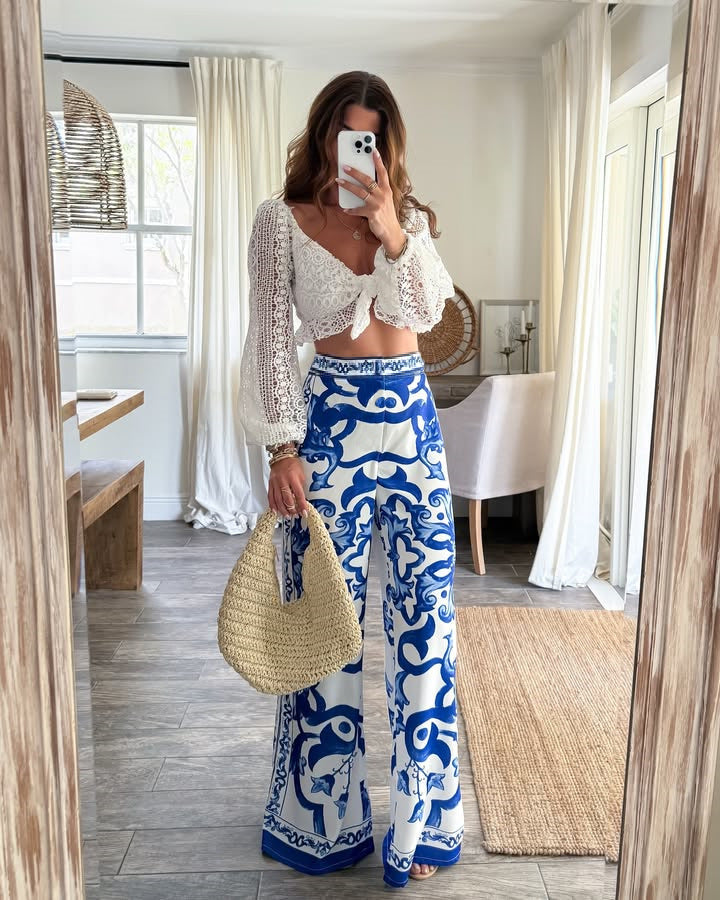 Summer Blue White Porcelain Positioning Printing Casual Wide Leg Straight Pants Women