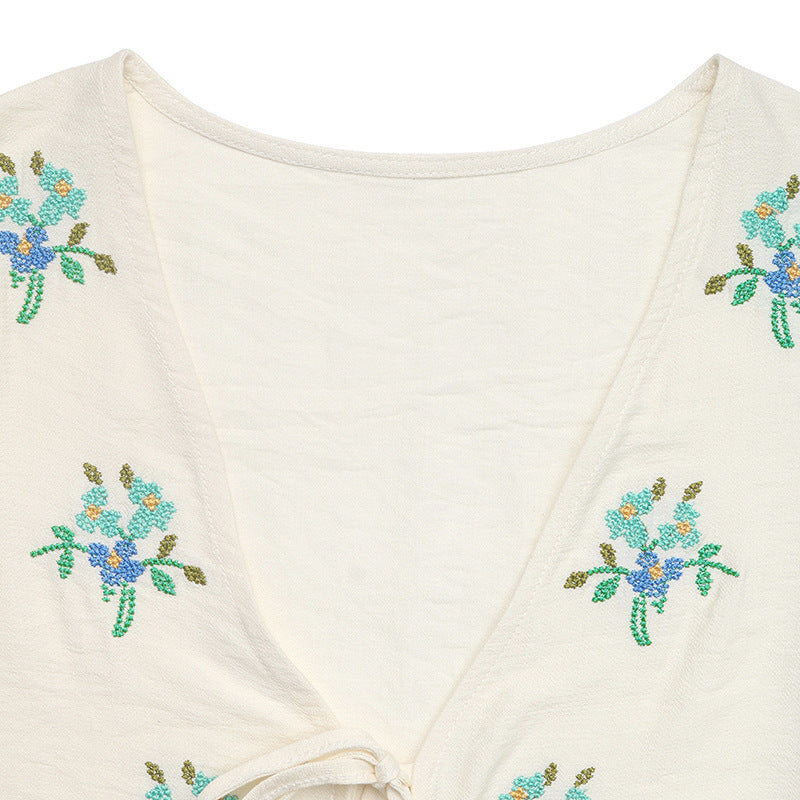 Summer Bow Bandage Shirt Embroidered Cardigan Top Women