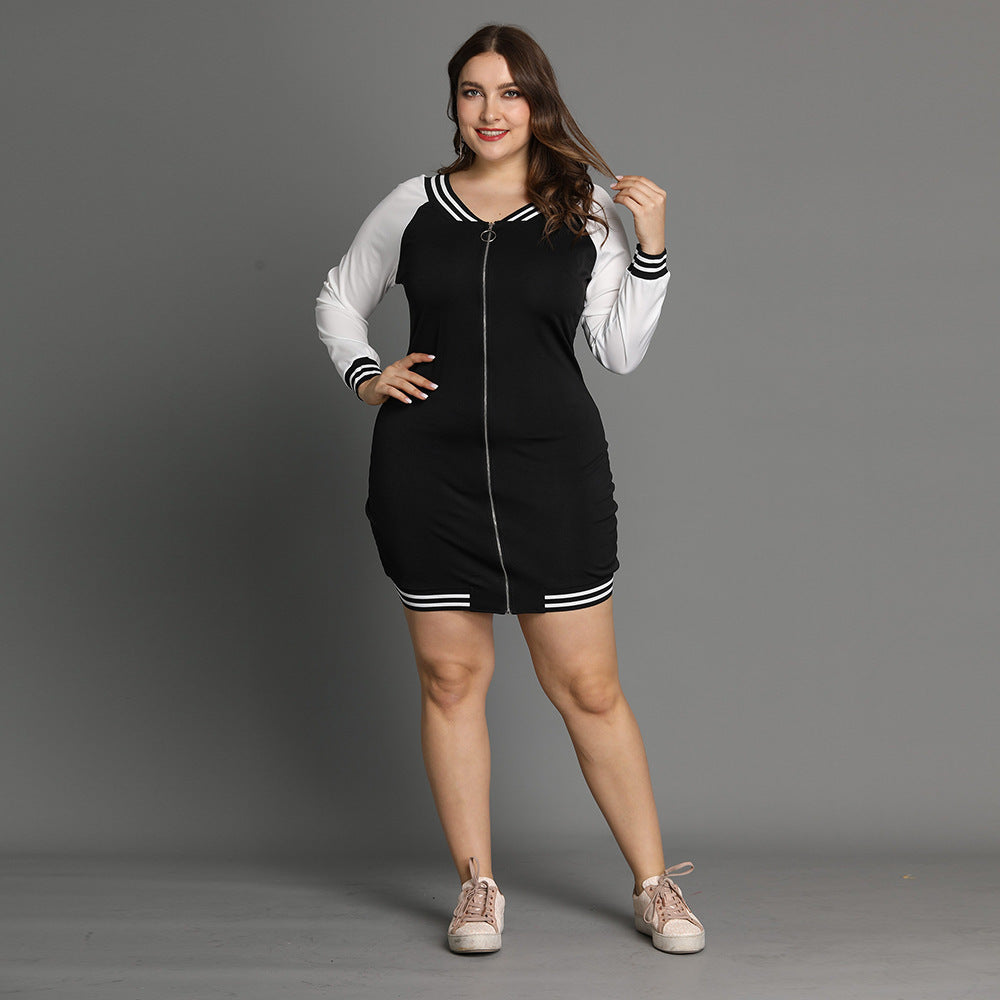 Plus Size Autumn Women Long Sleeve Color Zipper Dress Mid-Length