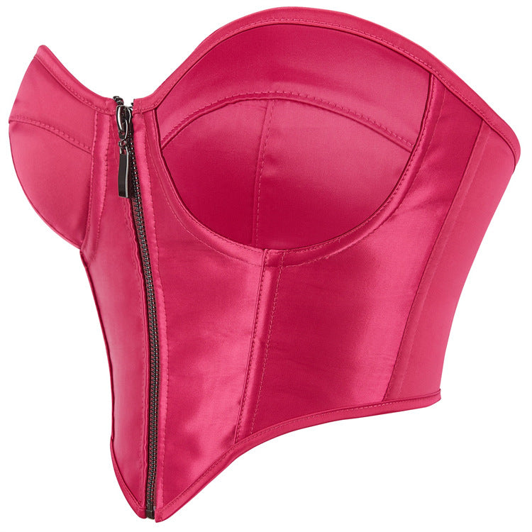 Rose Red Zipper Women Tube Top Chest Support with Steel Ring Push up Body Shaping Top Supply