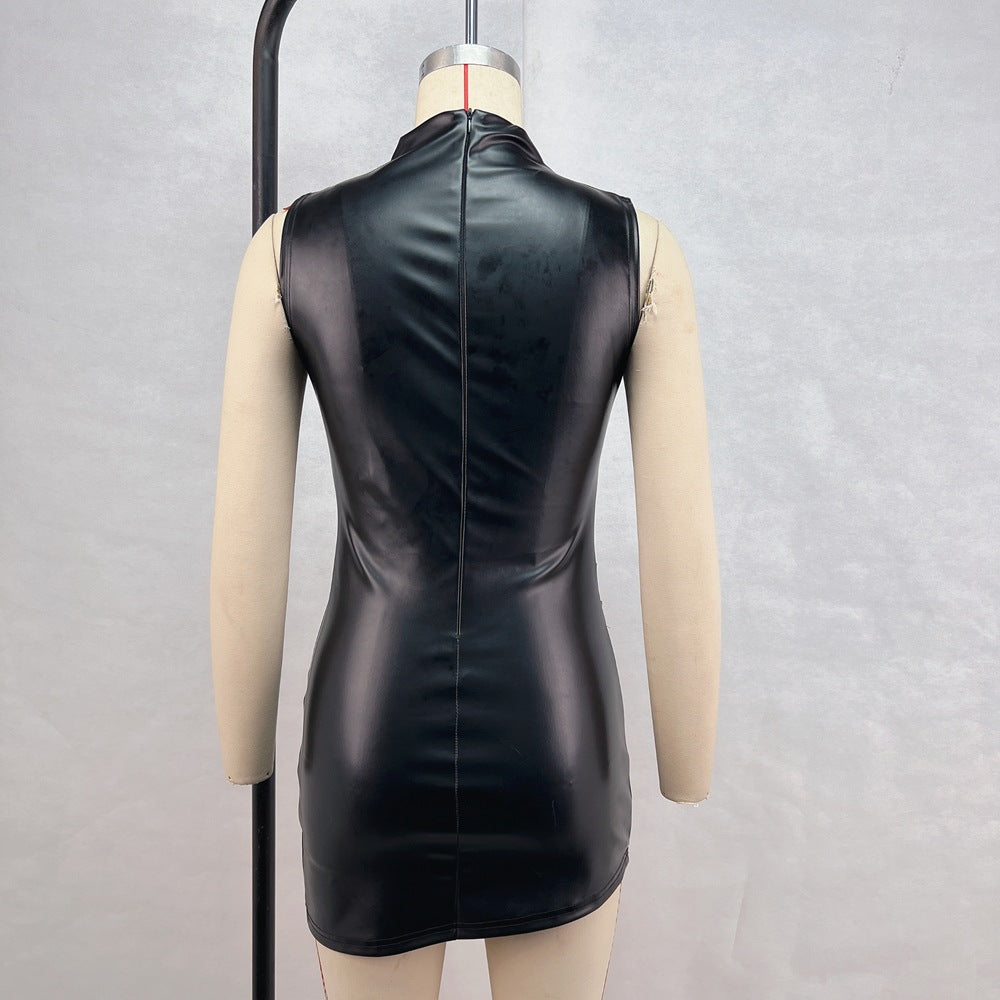 Women Clothing Autumn Winter Stand Collar Sleeveless Pleated Waist Tight Sheath Dress Irregular Asymmetric Faux Leather