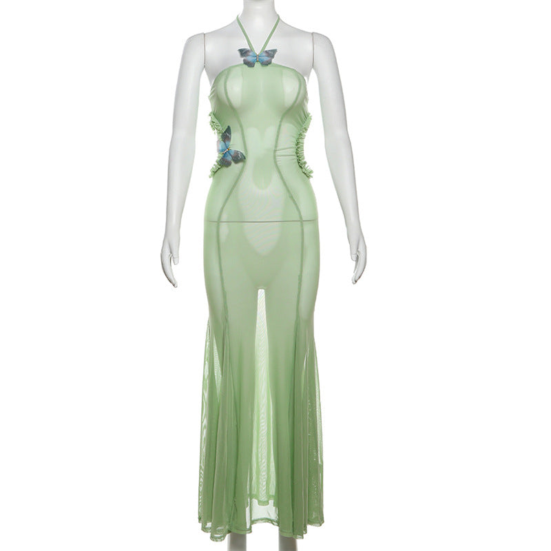 Summer Women Clothing Sexy Vacation Design Butterfly Halter Backless Hollow Out Cutout Slim Dress