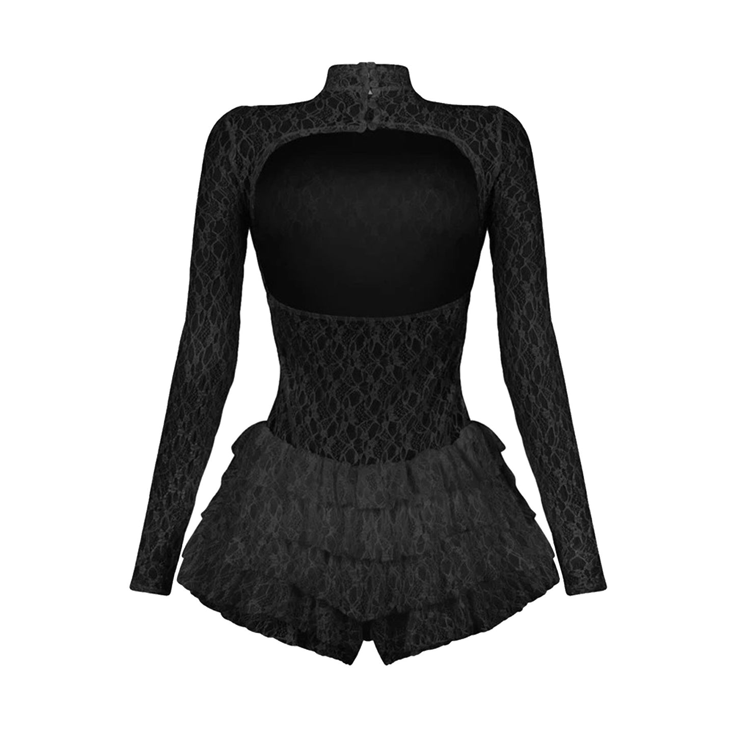 Women Clothing Sexy Lace Long Sleeve Shorts Wooden Ear Backless Jumpsuit