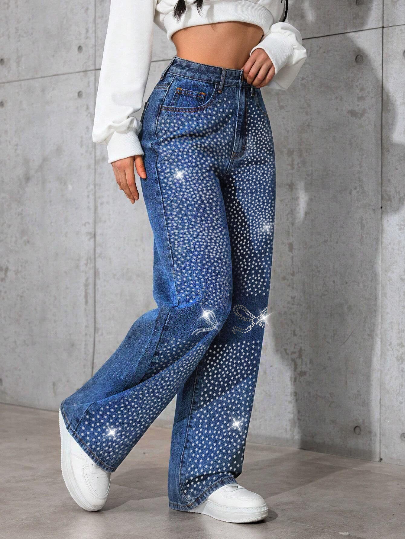 Retro Blue Jeans Women Autumn Winter Rhinestone Butterfly Loose Straight Trousers