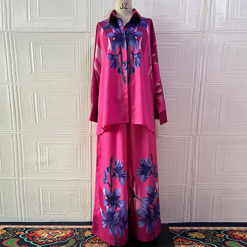 Summer Ink Painting Positioning Printed Long Sleeved Top Wide Leg Pants Two Piece Set