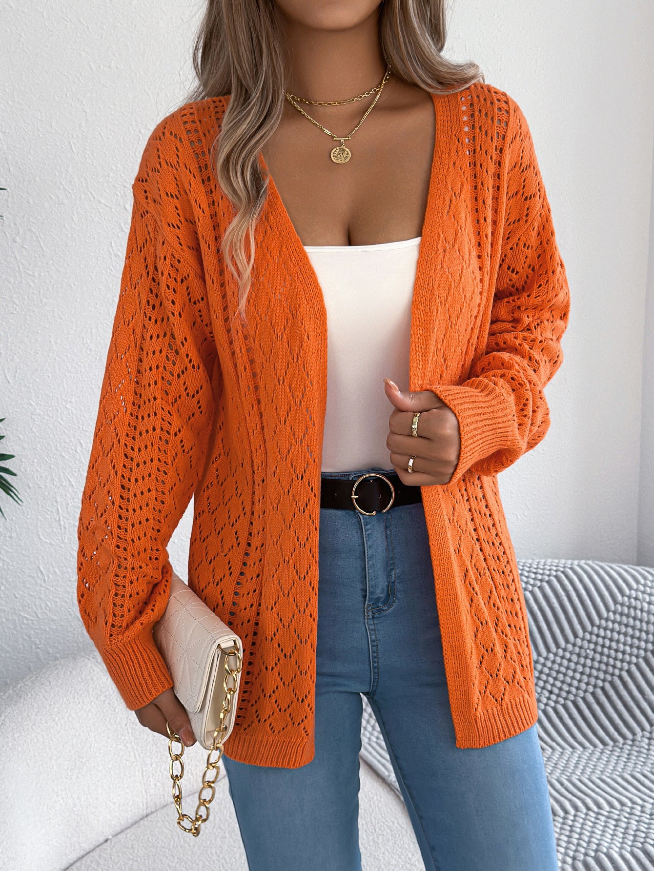 Autumn Winter Hollow Out Cutout out Lantern Long Sleeve Cardigan Sweater Mid Length Coat Women Clothing