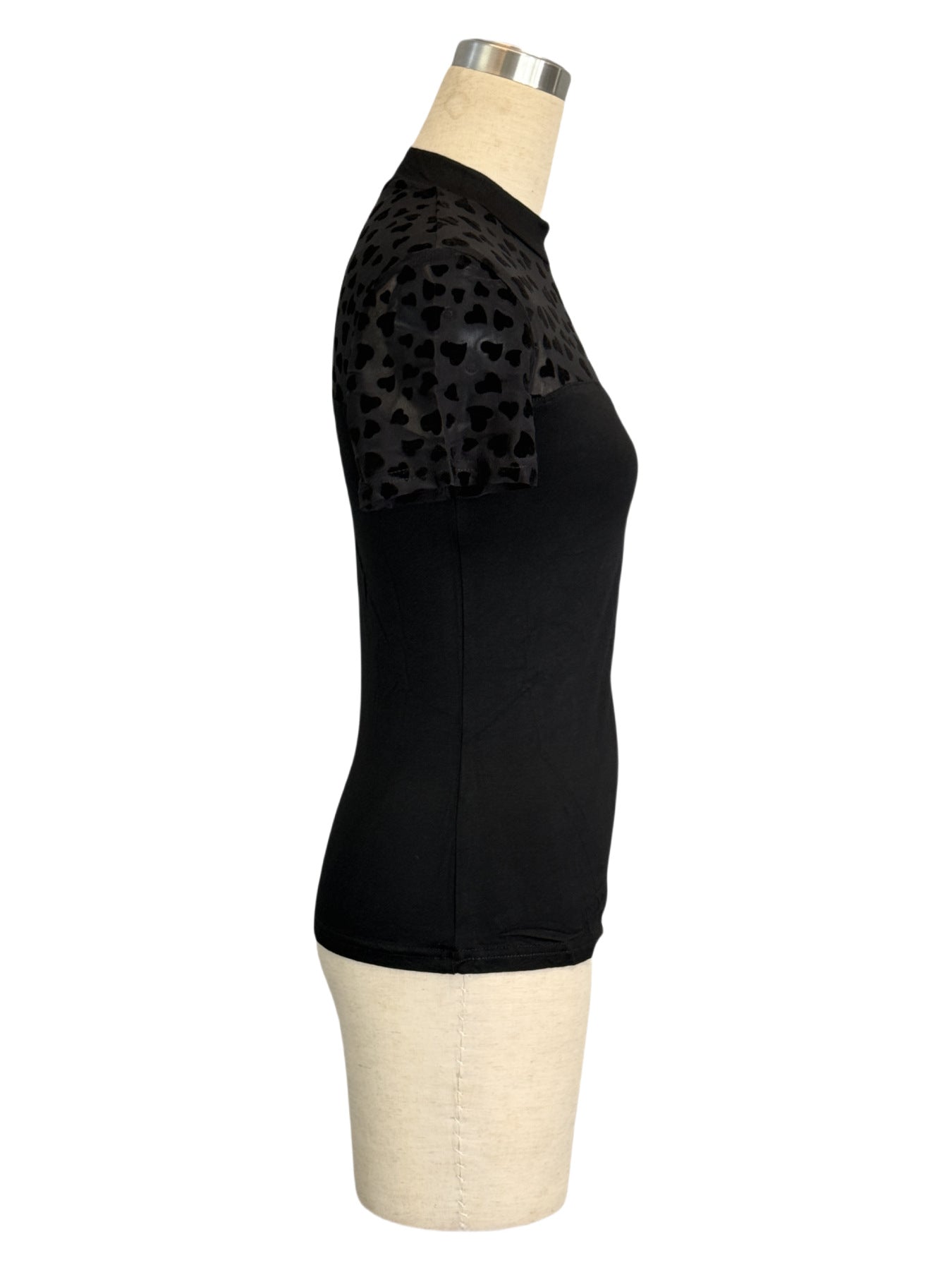 Mesh Heart Shaped Multi Part Short Sleeve Small Stand Collar Slim T shirt Top Women Sexy