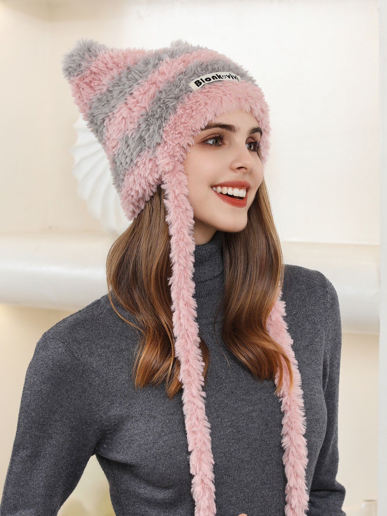 Striped Contrast Color Letter Graphic Braid Woolen Cap Women Winter Warm Casual Cute Plush Earmuffs Hat