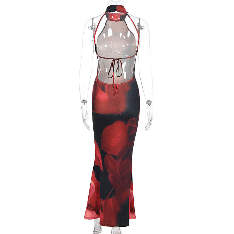 Summer Women Clothing Sexy Print Backless Slim Fit Tight Waist Hip Bag Dress