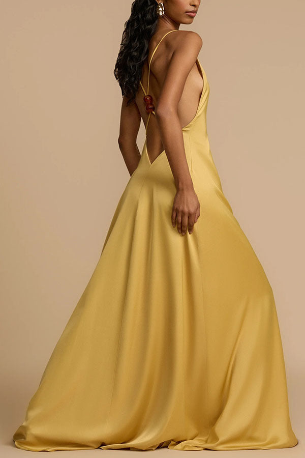 Summer Sexy Backless V neck Satin Maxi Dress Women