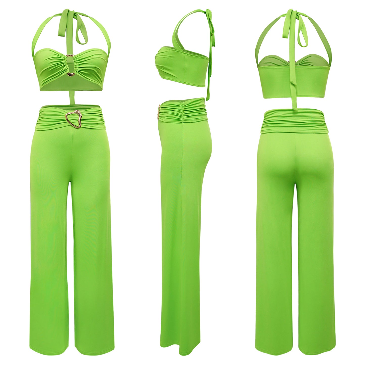 Women Clothing Summer Decorative Buckle Solid Color Sexy Halter Two Piece Set