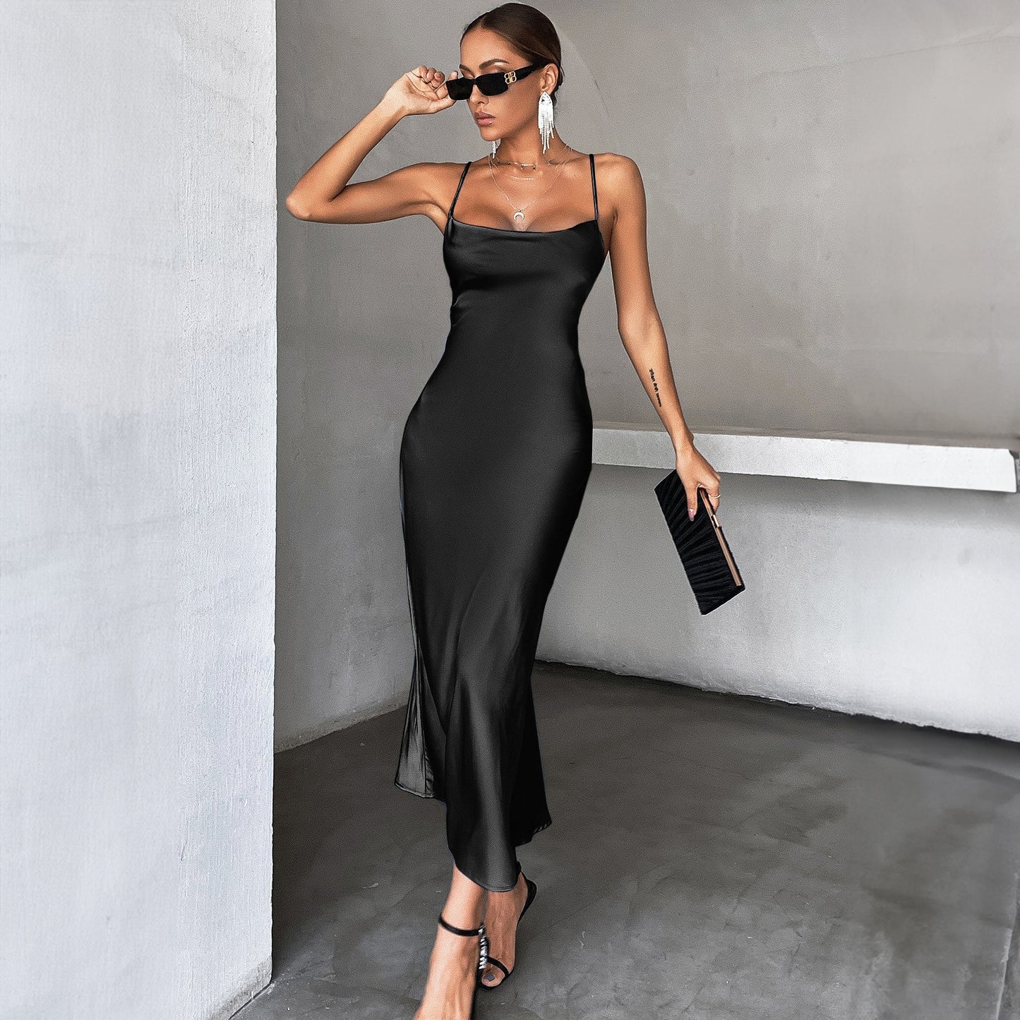 Summer Back Lace up Sleeveless Slim Fit Sexy Pure Black Sheath Cami Dress