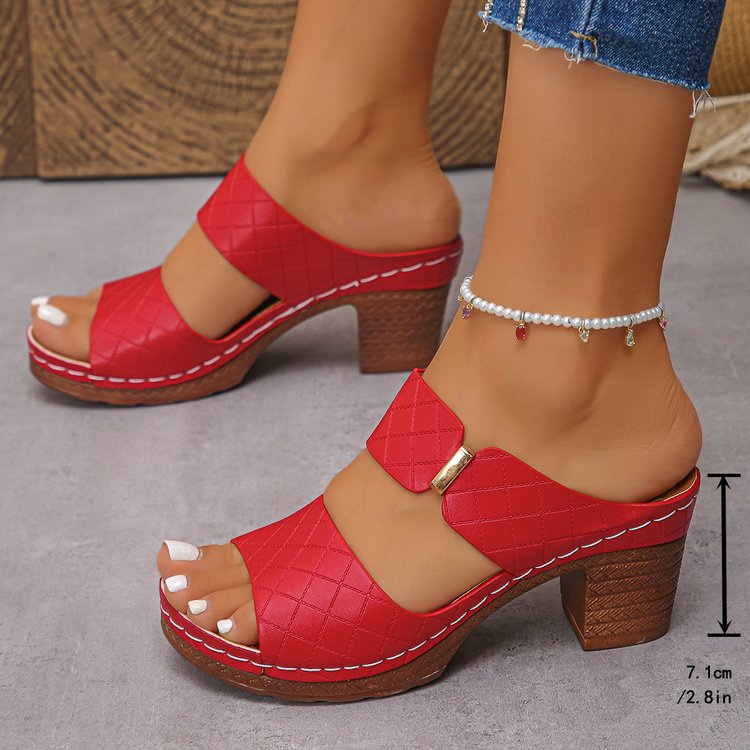 Open Toe High Heel Slippers Women Chunky Heel Embossed Sandals