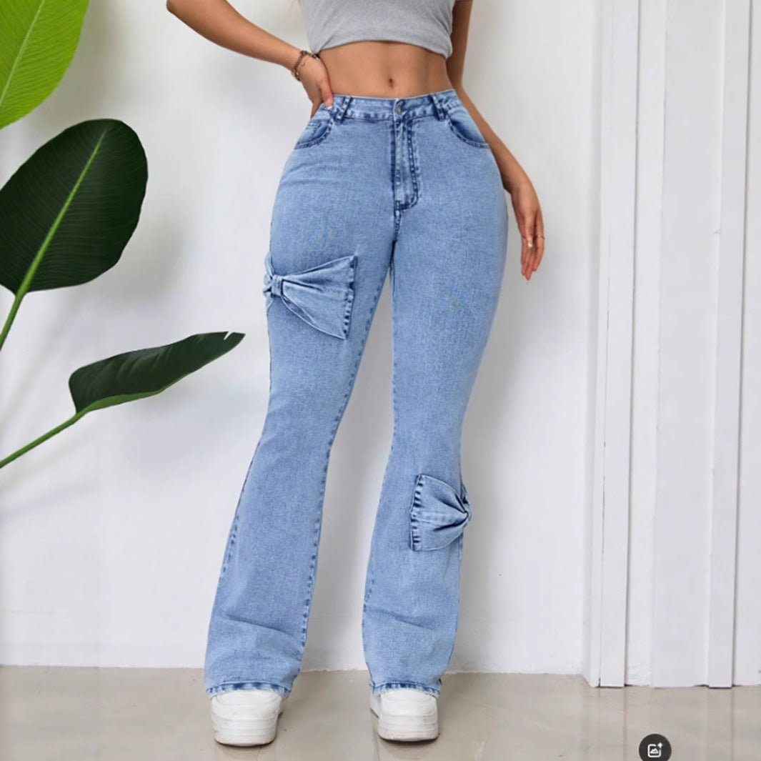 Women Clothing Washed High Waist Bootcut Trousers Denim Trousers