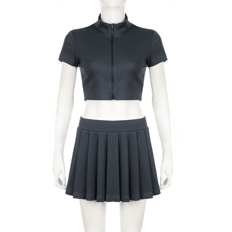 Casual Women Rib Knitted Solid Color Zipper Top Short Sleeve Pleated Skirt Set Short Skirt Two Piece Sets