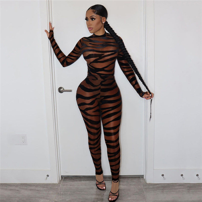 Women Clothing Striped Printed Sheer Mesh Sexy Jumpsuit