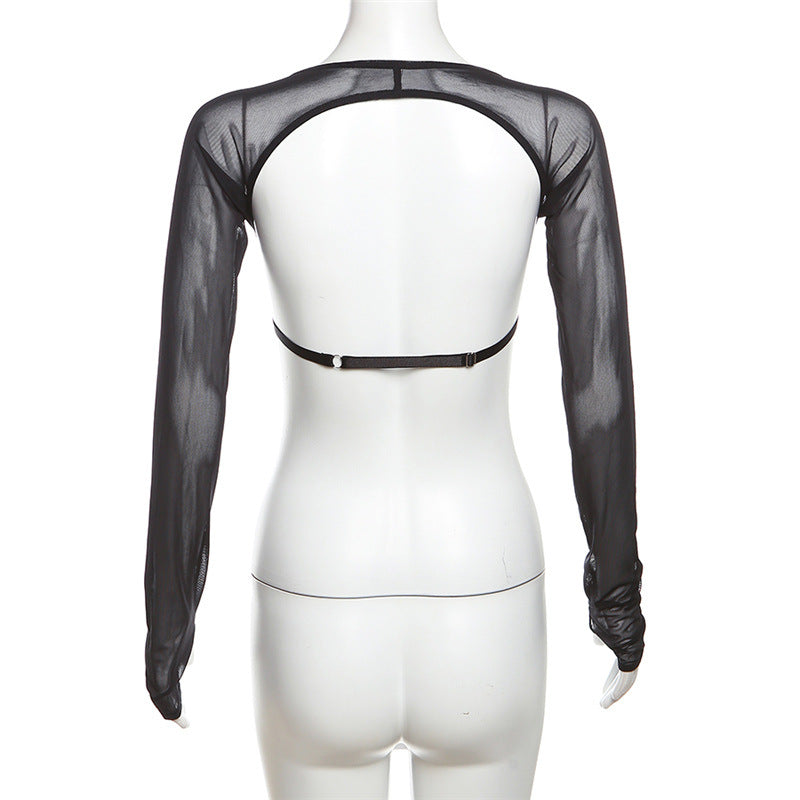 Autumn Women Clothing Long Sleeve V neck Slim Mesh Stitching Cropped Top