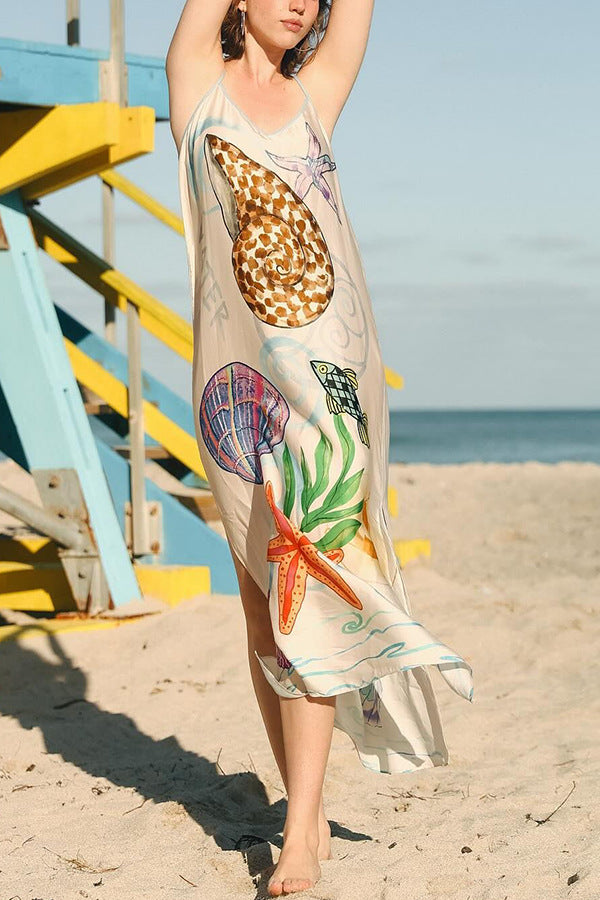 Summer Cool Printed Sling Satin Vacation Loose Dress Women
