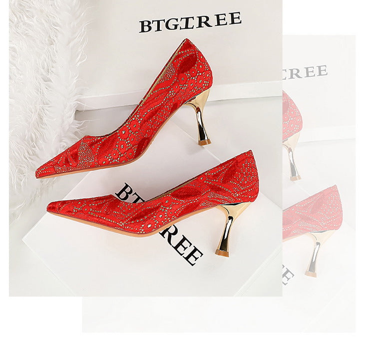 Lace Mid Heel Shoes Pointed Irregular Asymmetric Lines Stiletto Heel Women Professional Shoes