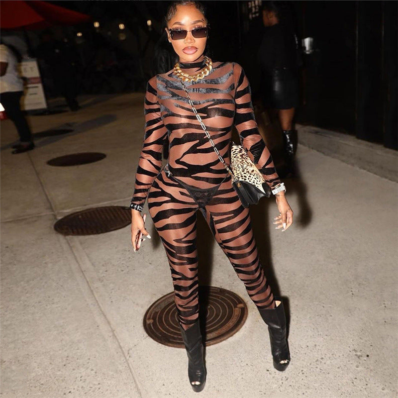 Women Clothing Striped Printed Sheer Mesh Sexy Jumpsuit
